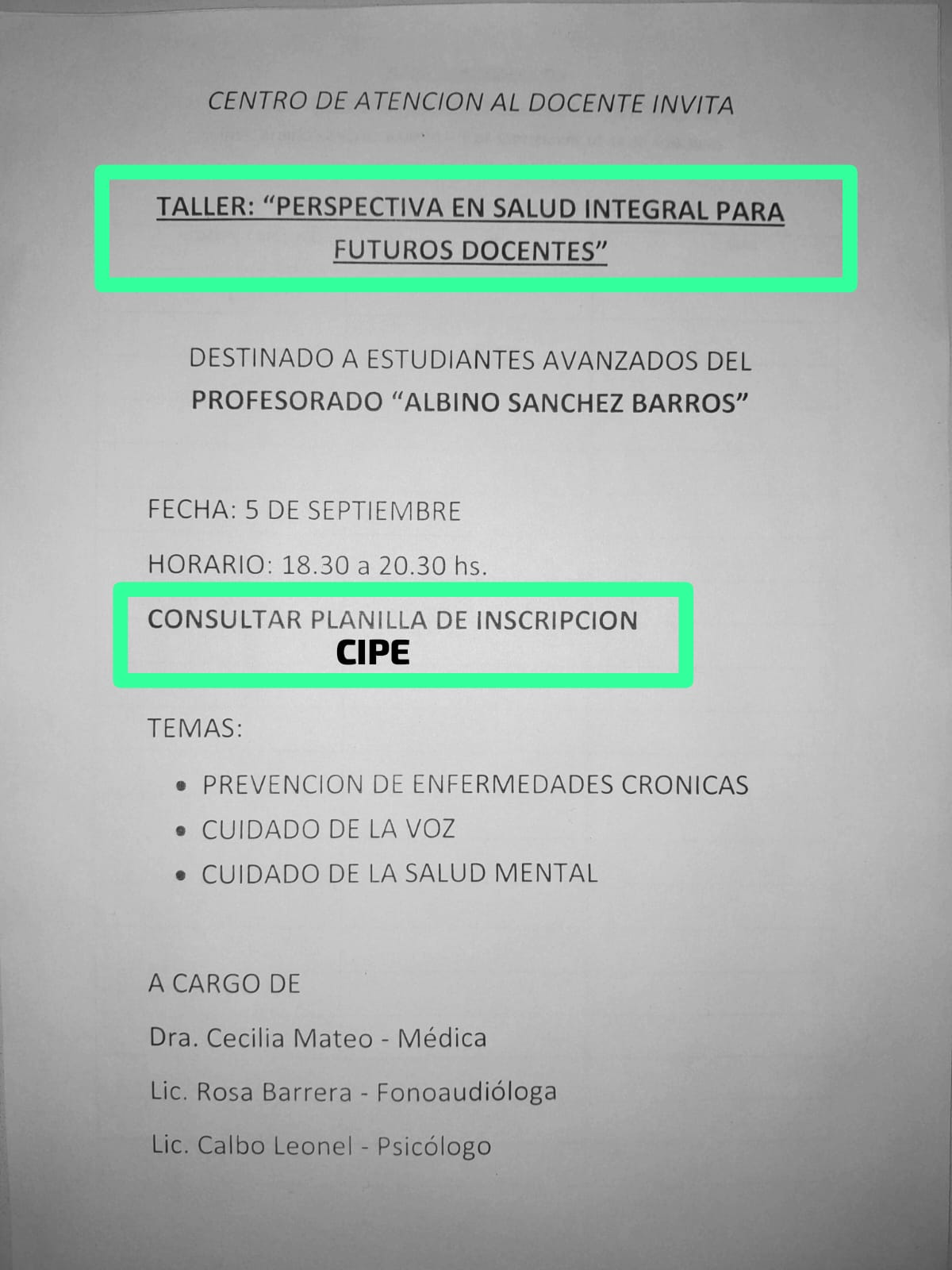 Invitación al Taller: "Perspectiva En Salud Integral para Futuros Docentes"