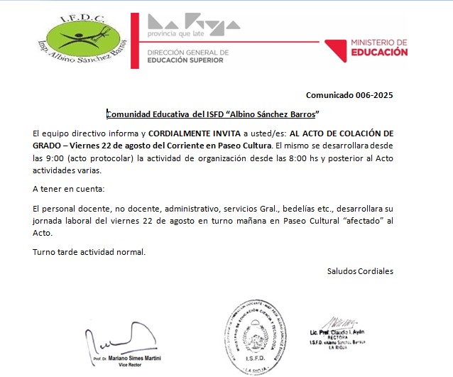 Acto Protocolar de Colación de Grado – Viernes 22 de agosto