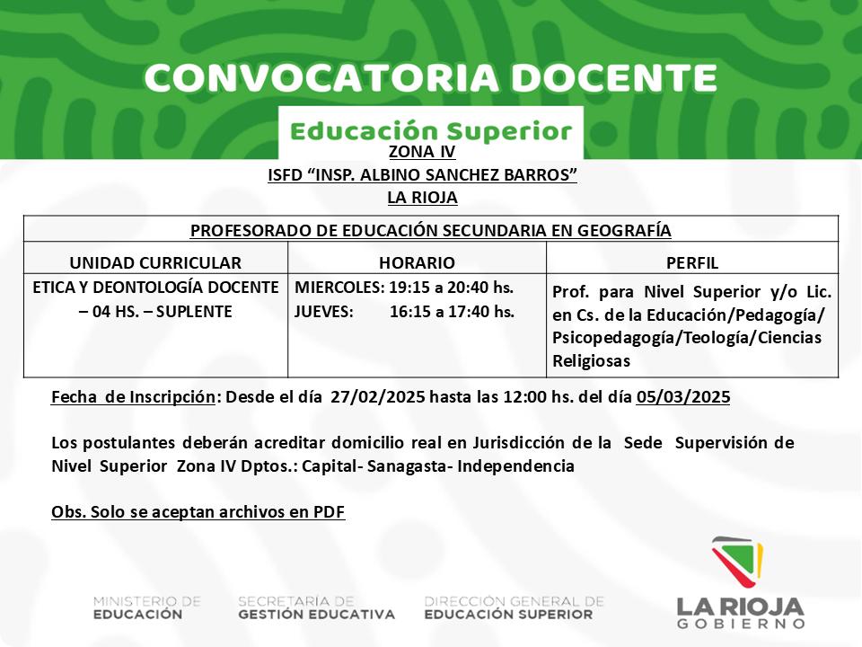 Covocatoria Docente - ISFD "Insp. Albino Sánchez Barros" 27/02/2025