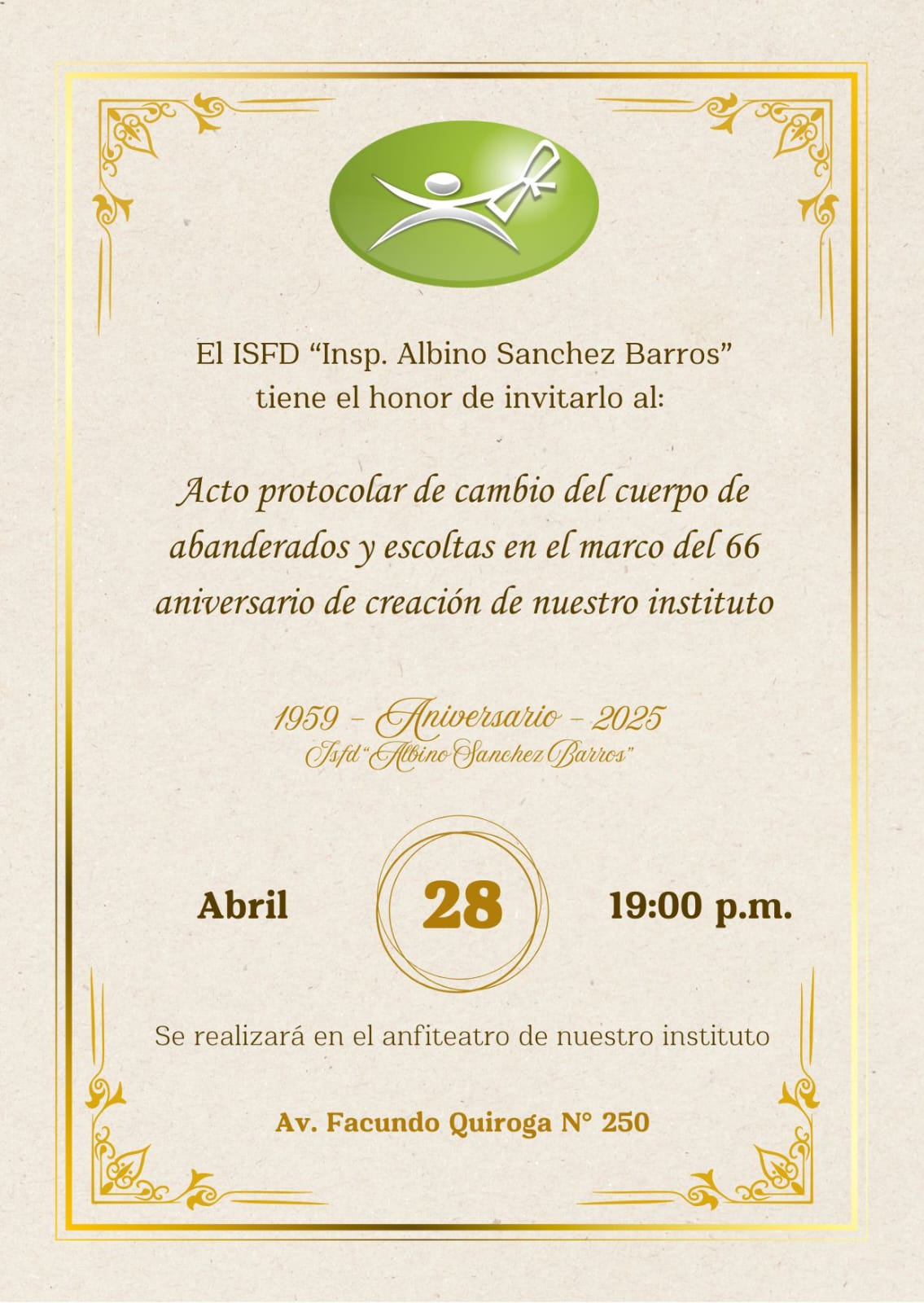 Invitación Acto cambio de cuerpo de banderas en el Aniversario de nuestra querida Institución