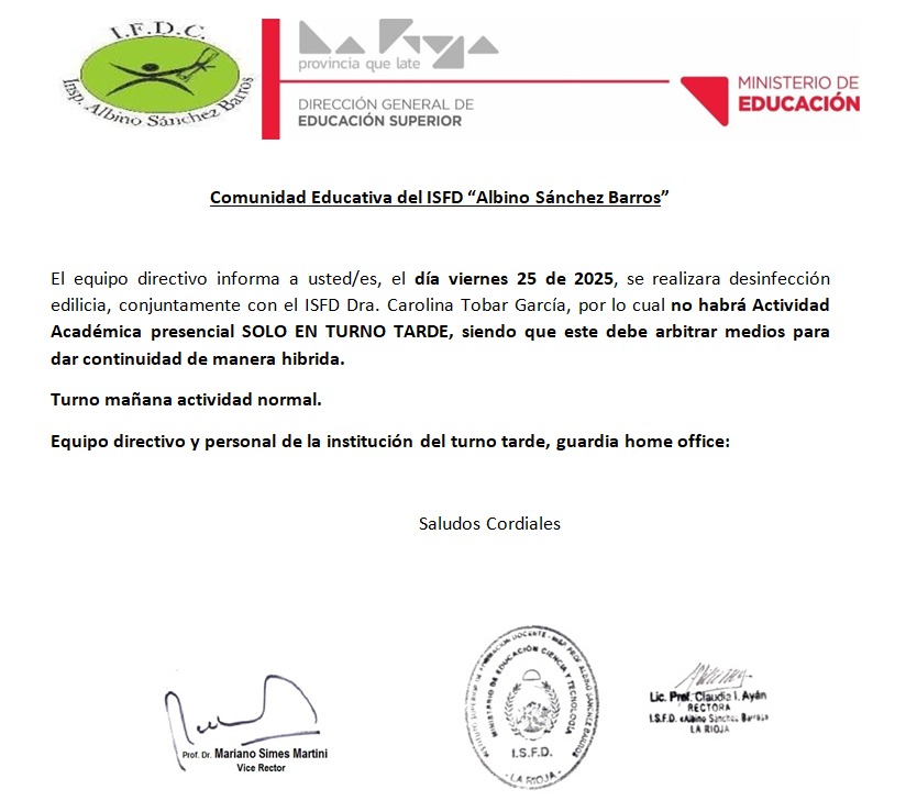 Comunicado Institucional: Desinfección Edilicia Viernes 25 de Abril 