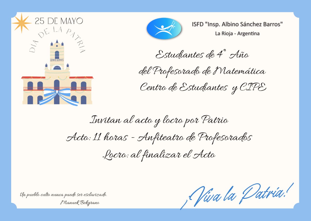 Invitación al Acto por el 25 de Mayo y al "Locro Patrio"