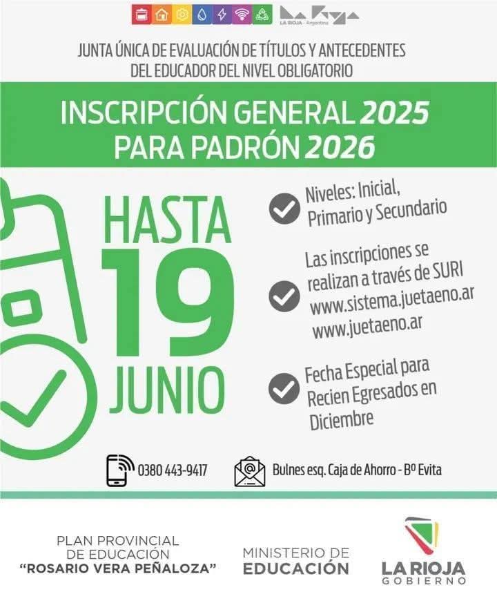 Recordatorio: Inscripción al Padrón Docente 2026 - Plazo hasta el 19 de junio