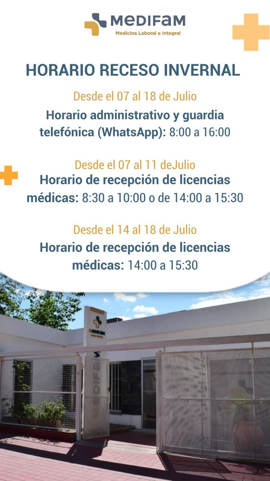 Comunicado de Medifam: Horario de receso invernal