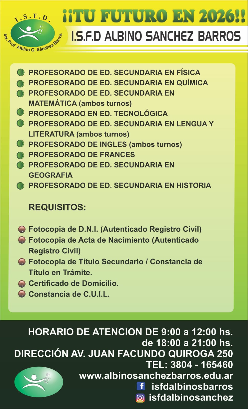 Oferta Académica 2026 - Isfd "Insp. Albino Sánchez Barros"  