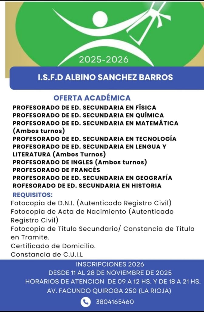 Preinscripciones 2026 | Abren el 11 de noviembre en nuestro ISFD Albino Sánchez Barros