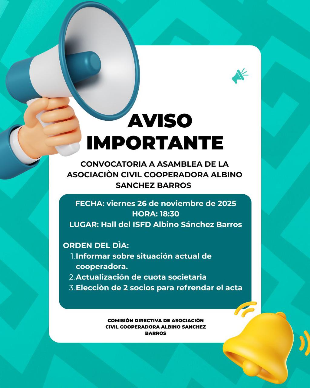 Convocatoria a Asamblea de la Asociación Civil Cooperadora "Albino Sánchez Barros" 