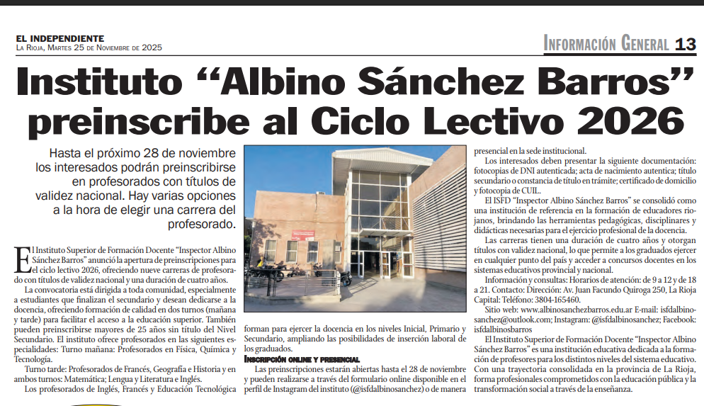 Nuestra preinscripción 2026 destacada en “El Independiente”: ¡Inscríbete hasta el 28 de noviembre!