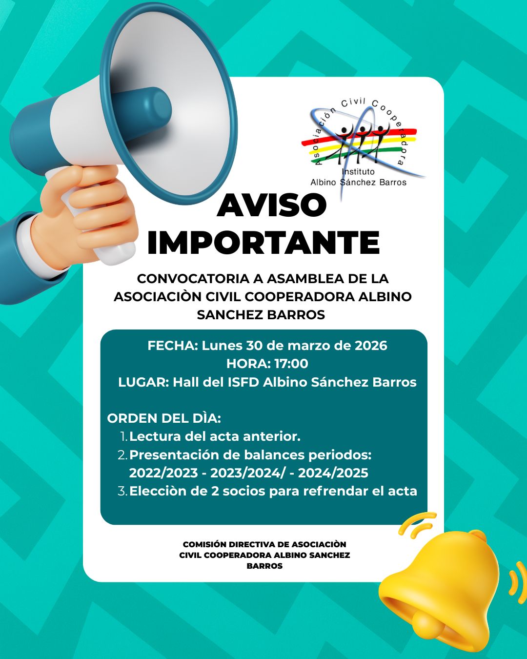 Convocatoria a Asamblea - Asociación Civil Cooperadora Albino Sánchez Barros