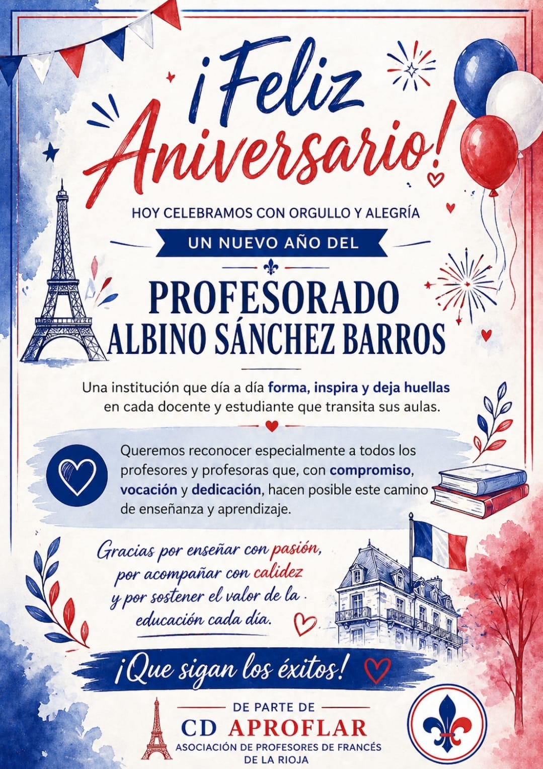 Saludo de APROFLAR al ISFD Albino Sánchez Barros en su aniversario