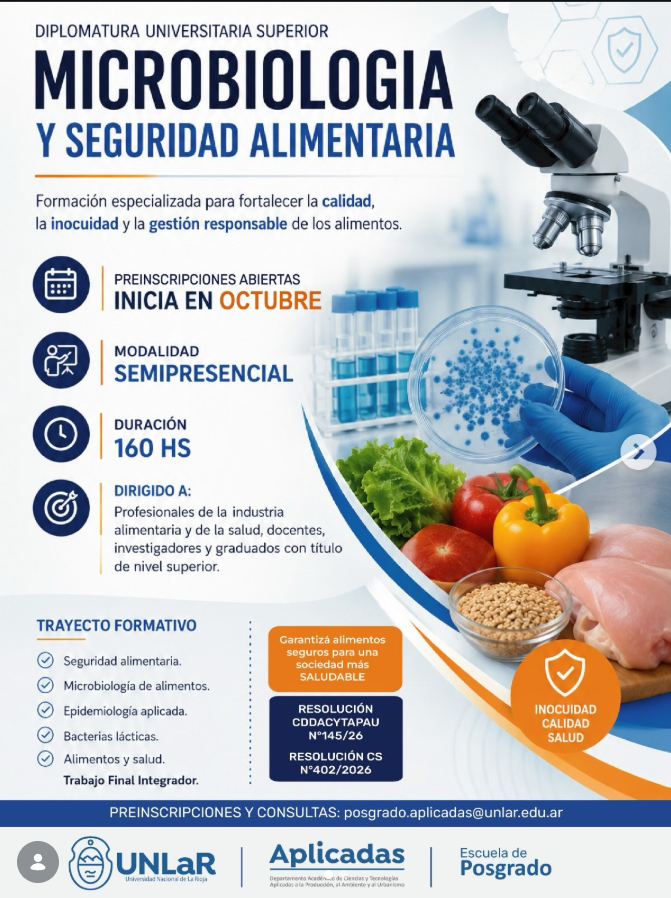 Abiertas las preinscripciones: Diplomatura Universitaria en Microbiología y Seguridad Alimentaria