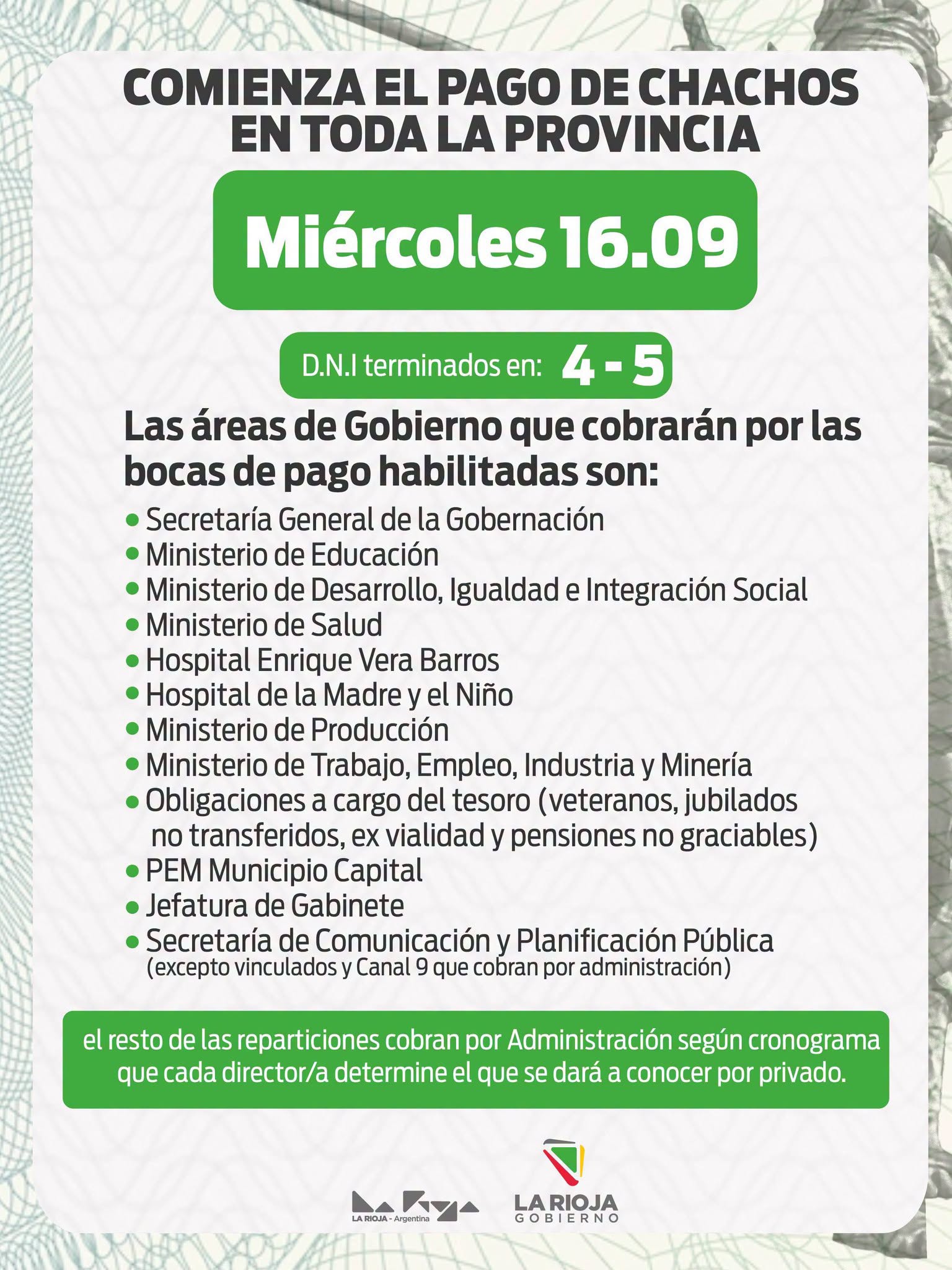 Publicación de Gobierno de La Rioja - El miércoles 16 de septiembre continúa el pago de Chachos.